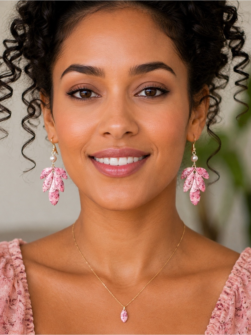 Pink Marble Leaf Drop Earrings - New